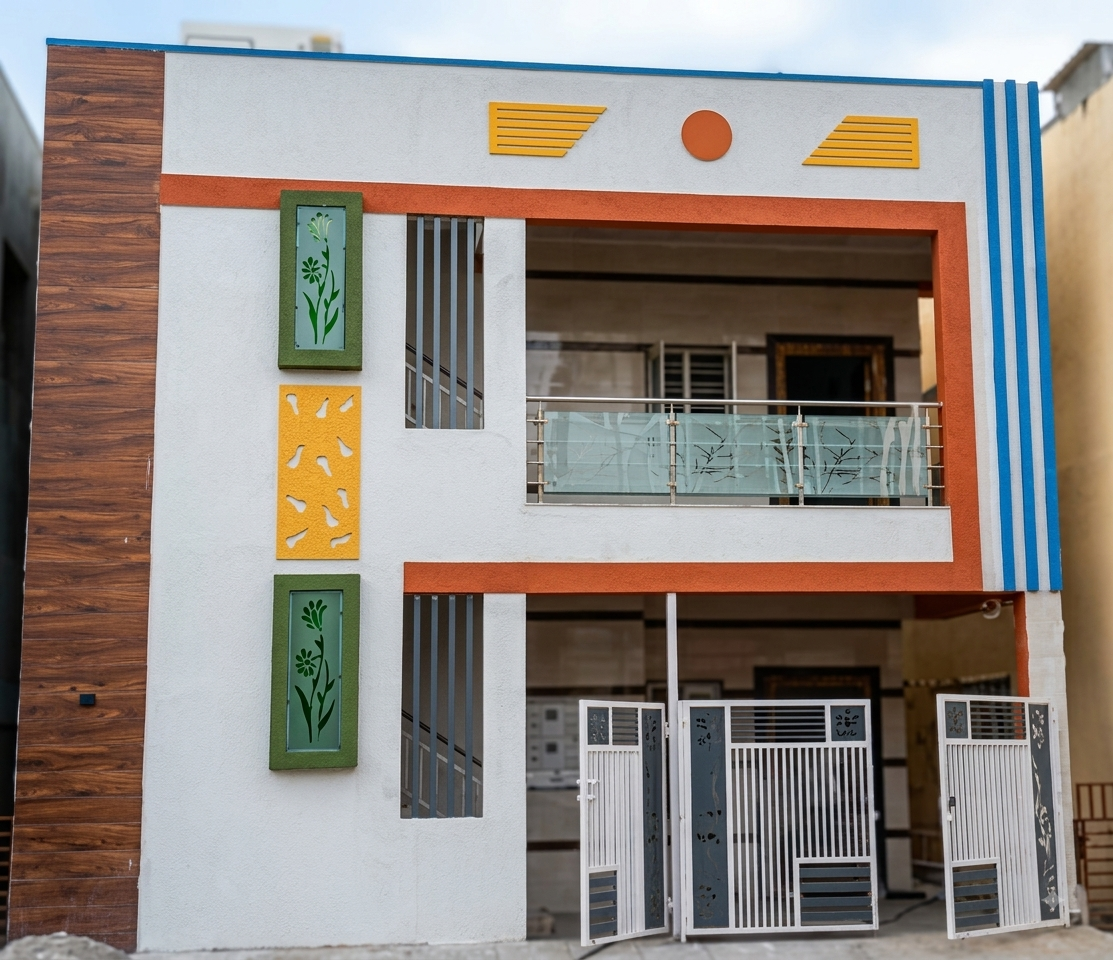 A completed two-storey independent house in Soladevanahalli with a wood-panelled accent wall and carved jaali screens on the façade.